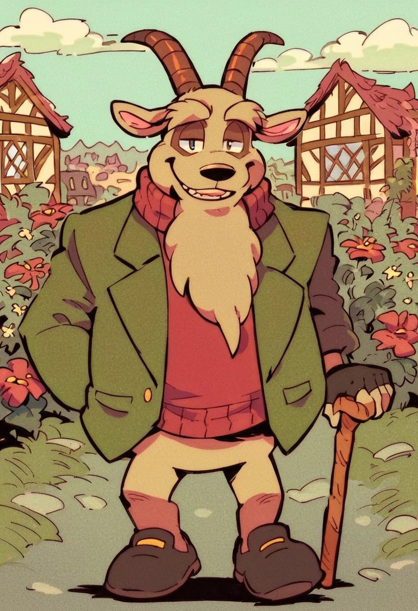 score_9, score_8_up, score_7_up, Elder Scruffy, male, solo, beard, green jacket, red sweater, cane, holding cane, fingerless gloves, shoes, goat ears, goat horns, village, flowers, happy, dynamic view