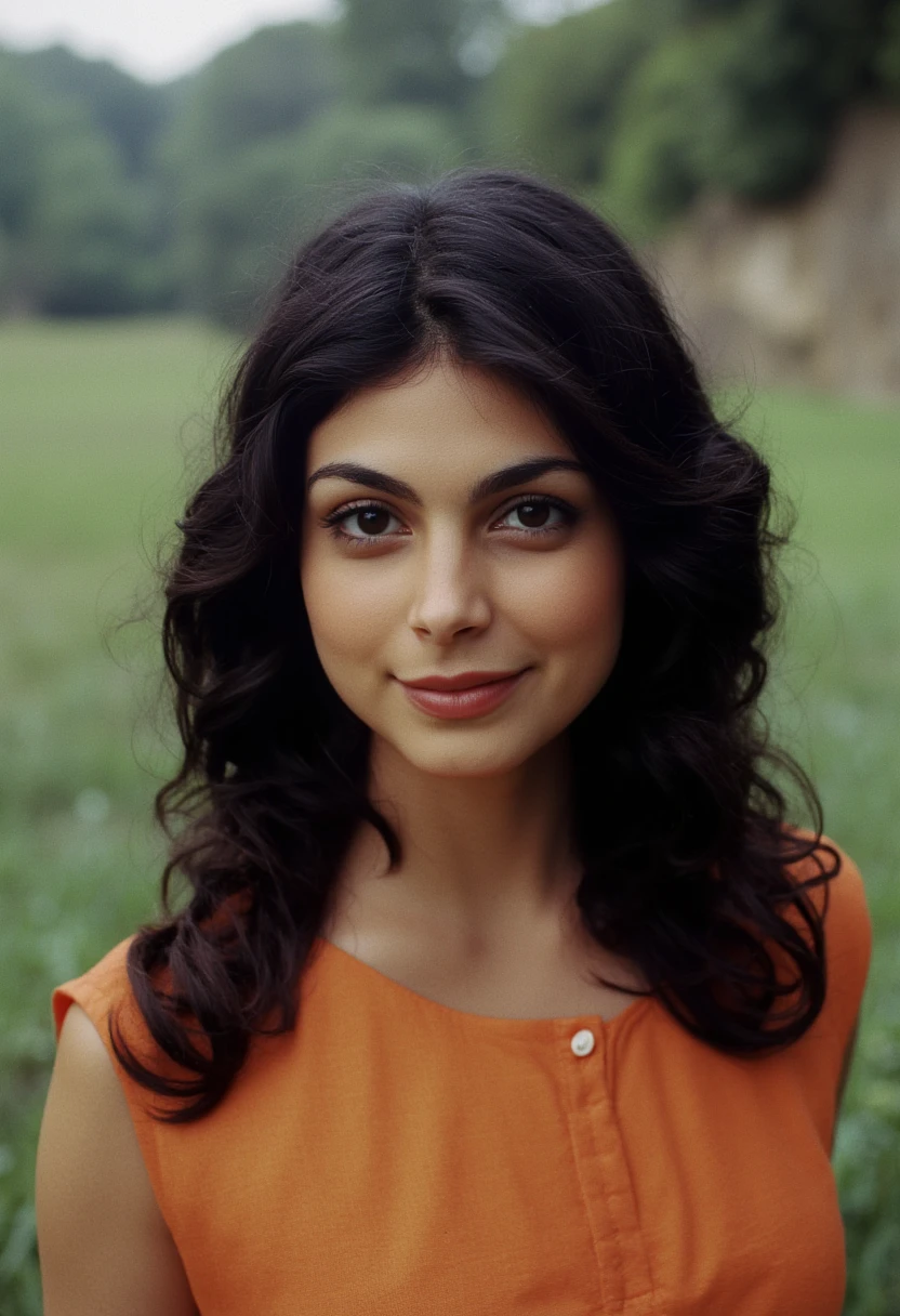 subtle grain, cinematic quality, professional portrait of a young morena baccarin, dress, makeup, long black hair, fine art photography, film still, movie scene, outdoors, smile,