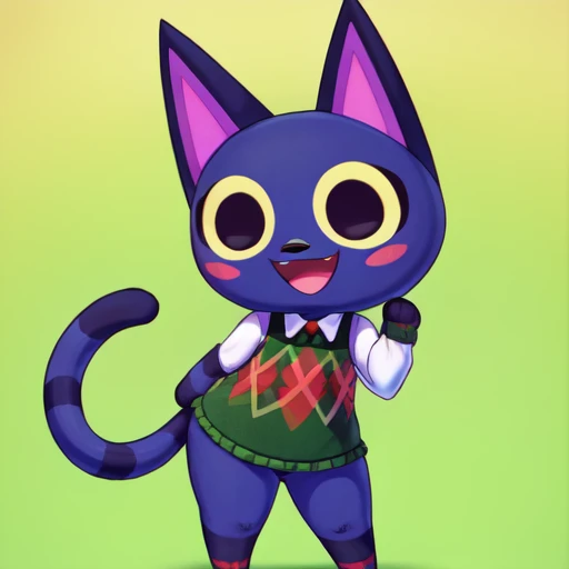 score_9_up, score_8_up, score_7_up, score_6_up, kiki \(animal crossing\), cat, argyle vest, argyle clothes, green topwear, furry, female, solo, striped tail, cat ears, smile, looking at viewer, animal ears, simple background, full body, open mouth, standing, masterpiece