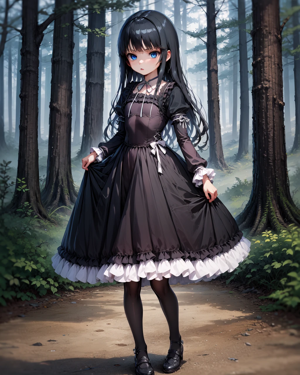 night,forest,dark,
1girl,solo,long hair,blue eyes,black hair,very long hair,
long sleeves,ribbon,pantyhose,frills,puffy sleeves,black dress,black pantyhose,neck ribbon,frilled dress,juliet sleeves,white ribbon,
standing,<lora:Natsuki_Minamiya(Strike The Blood):1>,