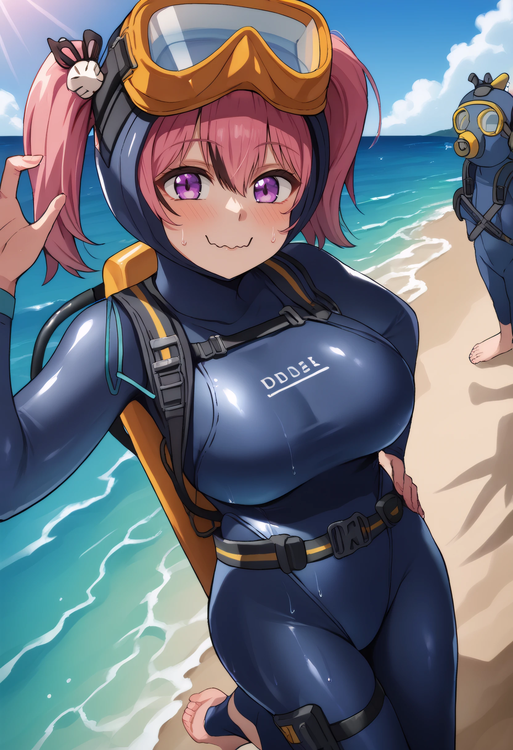 score_9,  score_8_up, score_7_up, source_anime BREAK 1girl, looking at viewer, cowboy shot, from side,
<lora:Mast_Dwnsty:1>, davetdiver, purple eyes, pink hair, twintails, medium hair, hair between eyes, streaked hair, hair ornament, goggles, wetsuit, diving mask, bodysuit, highleg leotard, one-piece swimsuit, snorkel, blue thighhighs, stirrup legwear, belt, oxygen tank, 
large breasts, skindentation, hands on own hips, wavy mouth, happy, 
outdoors, beach, sunlight, ocean, sweat,