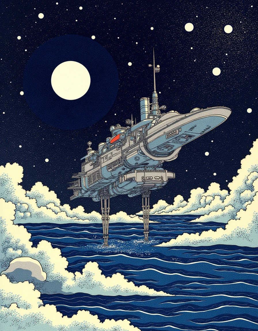 Ukiyo-e style by Hokusai, a majestic spaceship docking at an intergalactic space station, with a backdrop of distant stars and galaxies, awe-inspiring style