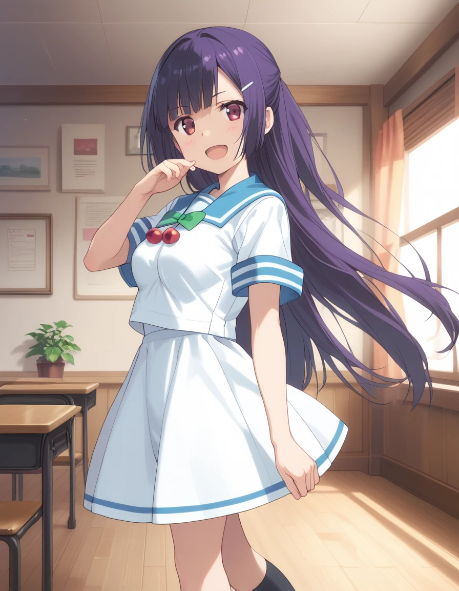 kisaragi_sumire, long hair, purple hair, very long hair, medium breasts, hair ornament, purple eyes, 
hairclip, school uniform, white dress, green bow, serafuku, blue sailor collar, black socks
<lora:kisaragi_sumire_pony_v1:1>
stanting, dynamic pose ,
open mouth, blush,light smile
looking at viewer,(cowboy shot,:1.3),
indoors,, score_9, score_8_up, score_7_up, BREAK source_anime, best quality, masterpiece,very aesthetic, zPDXL2,official art,detailed_eyes,1girl, solo,