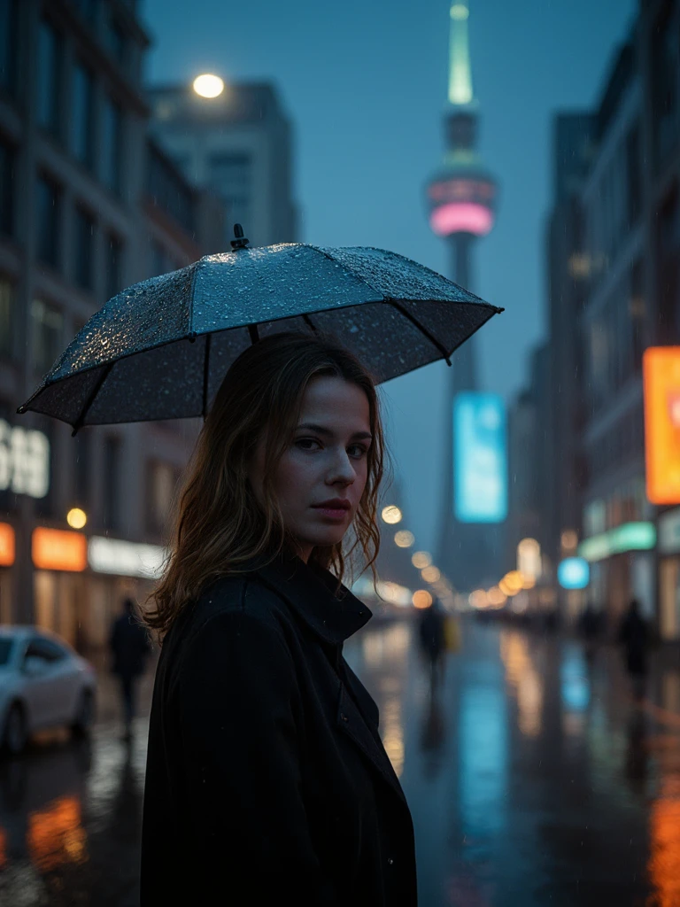 Portrait of Luisa Neubauer woman is standing in Neo Berlin. It is nighttime and raining. She is looking at the camera and holding a futuristic umbrella.