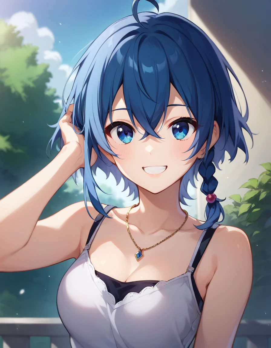 score_9,score_8_up,score_7_up,score_6_up BREAK official art,solo,outdoors,upper body,(portrait:1.5),looking at viewer,facing viewer,smile,misakino kukuru,ahoge,short hair,shiny hair,blue hair,braid,hair between eyes,blue eyes,jewelry,necklace,white camisole,medium breasts,blue shorts,short shorts,shorts rolled up,sandals,<lora:Misakino Kukuru(taws)-Pony>,<lora:Smooth Anime Style LoRA XL:0.8>,