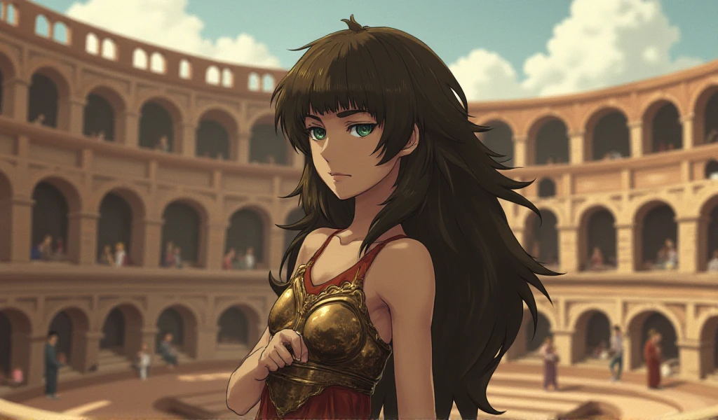 anime maho hiyajou wearing gladiator clothes, inside the colosseum, capturing the romantic charm of Rome. Her hair adds a dreamy atmosphere