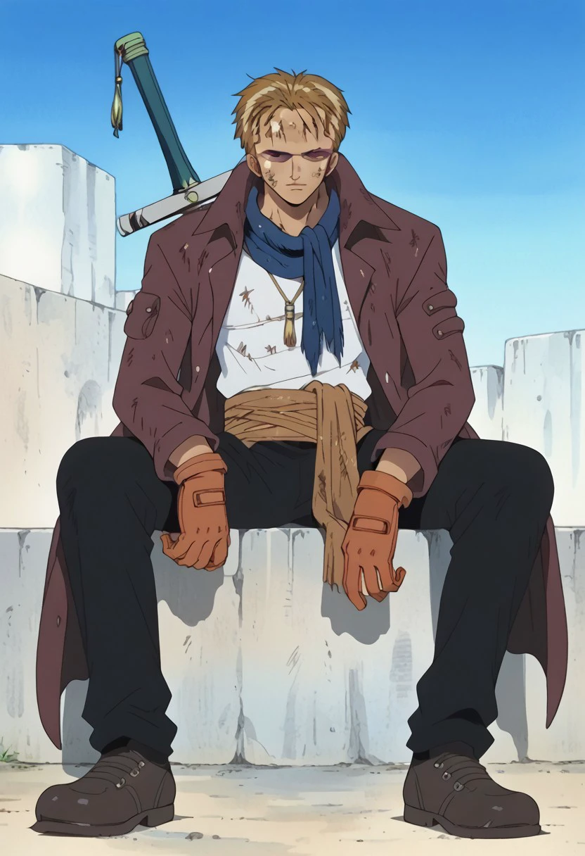 score_9, score_8_up, score_7_up, source_anime, rating_safe, KozaOP, purple_Koza_sunglasses, black_Koza_scar across eye, blonde_Koza_hair, 1boy, male focus, anime screencap, dark red_Koza_coat, blue_Koza__scarf, orange_Koza_gloves, white_Koza_shirt, brown_Koza_cloth belt, black_Koza_pants, dark grey_Koza_shoes, sword on back, rope strap, sitting, indian style,