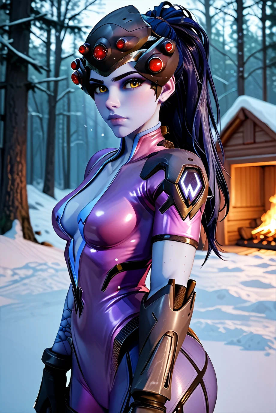 <lora:OWidowM:1.0>
OWidowM, 1girl, black hair, ponytail, colored skin, purple skin, yellow eyes, looking at viewer, bodysuit, head-mounted display, Cozy Cabin in a Snowy Forest with Warm Fireplace, score_9, score_8_up, score_7_up, score_7,