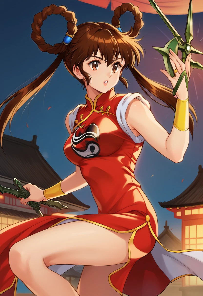 score_9, score_8_up, score_7_up, score_6_up, score_5_up, score_4_up, masterpiece, best quality, BREAK,
1girl, outdoors, night, chinatown, <lora:Mamono_Hunter_Youko:1> dyohko, long hair, brown hair, hair rings, chinese clothes, red dress, sleeveless, sword, dynamic pose,