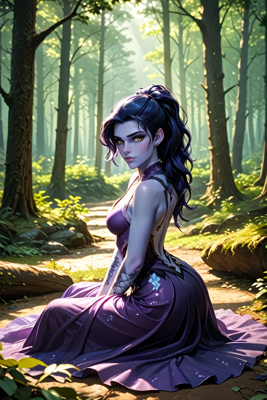 <lora:OWidowM:1.0>
OWidowM, 1girl, black hair, ponytail, colored skin, purple skin, yellow eyes, looking at viewer, Enchanted forest with mossy trees, fantasy gown, dappled sunlight, dynamic lighting, detailed woodland floor, sitting, score_9, score_8_up, score_7_up, score_7,