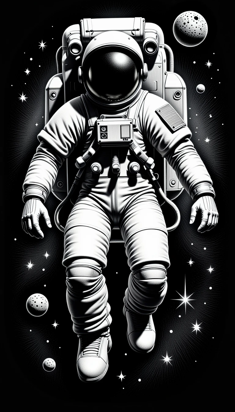 <lora:DarkCharcoalFlux:0.75>A monochrome dark charcoal drawing. A sketchy, rough and messy drawing of digital painting, surrealism, astronaut, floating, space, helmet, gloves, suit, stars, planets, galaxies, lonely, isolation, melancholy, emptiness, silence, distant stars, nebulae, dark background, vibrant colors, dramatic contrast, high quality, detailed, intricate, artstation, concept art, illustration, sci-fi, wallpaper, splash art, promo art, black and white