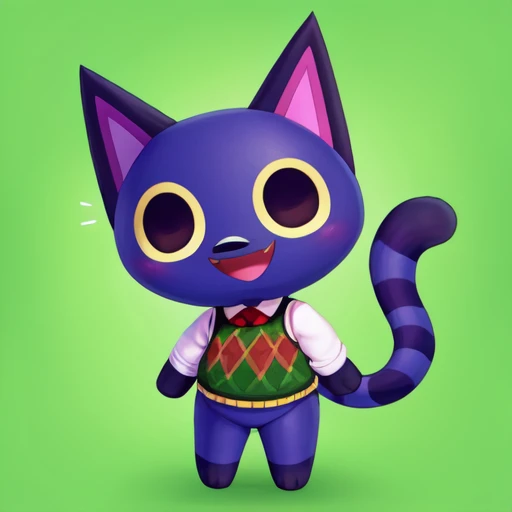 score_9_up, score_8_up, score_7_up, score_6_up, kiki \(animal crossing\), cat, argyle vest, argyle clothes, green topwear, furry, ambiguous gender, solo, striped tail, cat ears, smile, looking at viewer, animal ears, simple background, full body, open mouth, standing, masterpiece