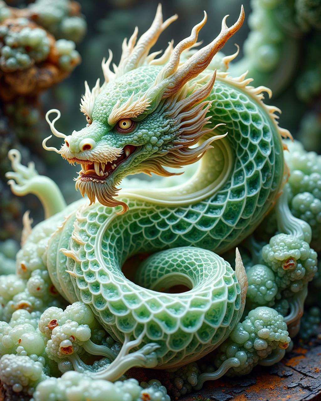 shen-lomg loong chinese dragon, mythological artistic interpretation, spiral and curved, jade scales esoteric context

