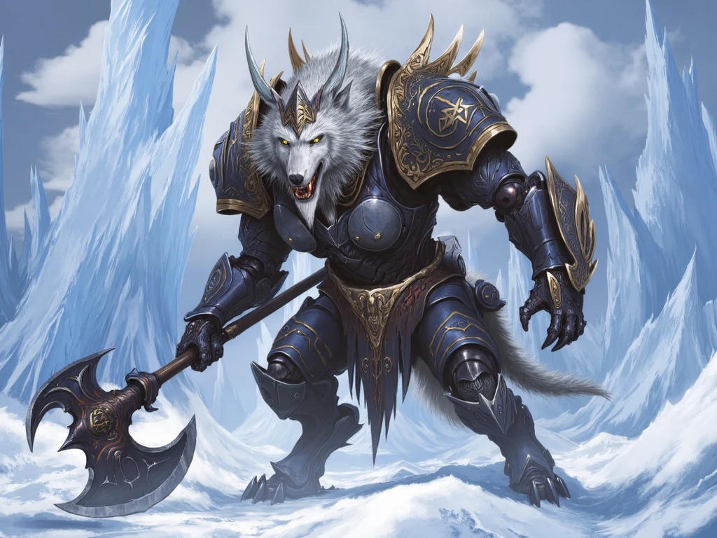 burda style illustration, grungetech, vivid fantasy-themed artwork featuring a menacing werewolf creature in a snowy icy environment. The creature is adorned in intricately designed armor in shades of black and silver with ornate patterns and symbols and bone-like structure. Shoulder pads with massive horned animal skulls, It wields large icy-looking battle axe and poised in a defensive stance ready for combat. The wolf's fur is a mix of white and gray and its eyes glow with a fierce intensity. The background is a blend of cool blues and whites with jagged ice formations and a cloudy sky suggesting a cold possibly winter setting, <lora:SXZ_Burda_Flux:1>