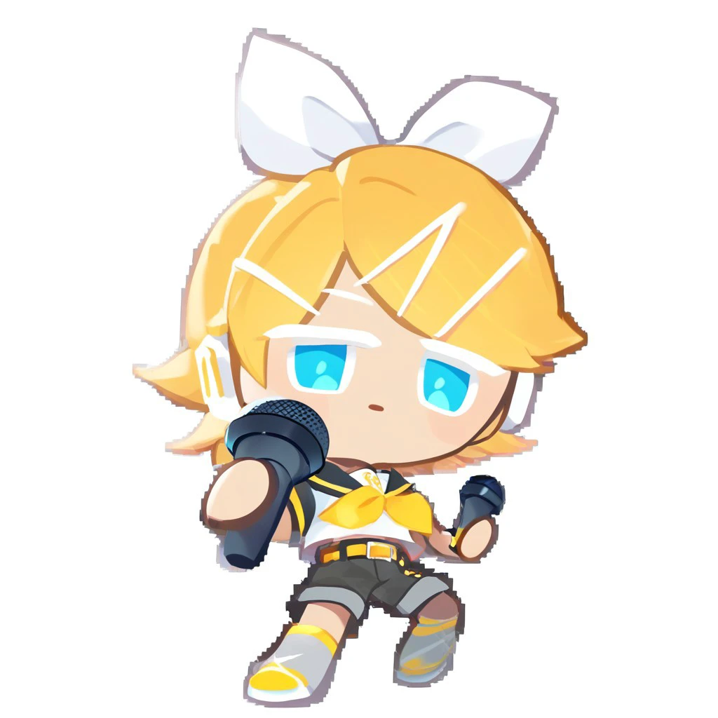 score_9, score_8_up, score_7_up, source_cartoon, solo, 1boy, 4K, high definition, high resolution, blush, white background, crk_style, gingerbread, chibi, black microphone, holding microphone, rin kagamine, blonde hair, blue eyes, hair bow, headset, short hair, headphones, bare shoulders, belt, black sailor collar, black shorts, bow, crop top, detached sleeves, grey legwear, grey shorts, grey sleeves, hair bow, leg warmers, neckerchief, sailor collar, school uniform, shirt, short shorts, short sleeves, shorts, white bow, white footwear, white shirt, yellow neckerchief,