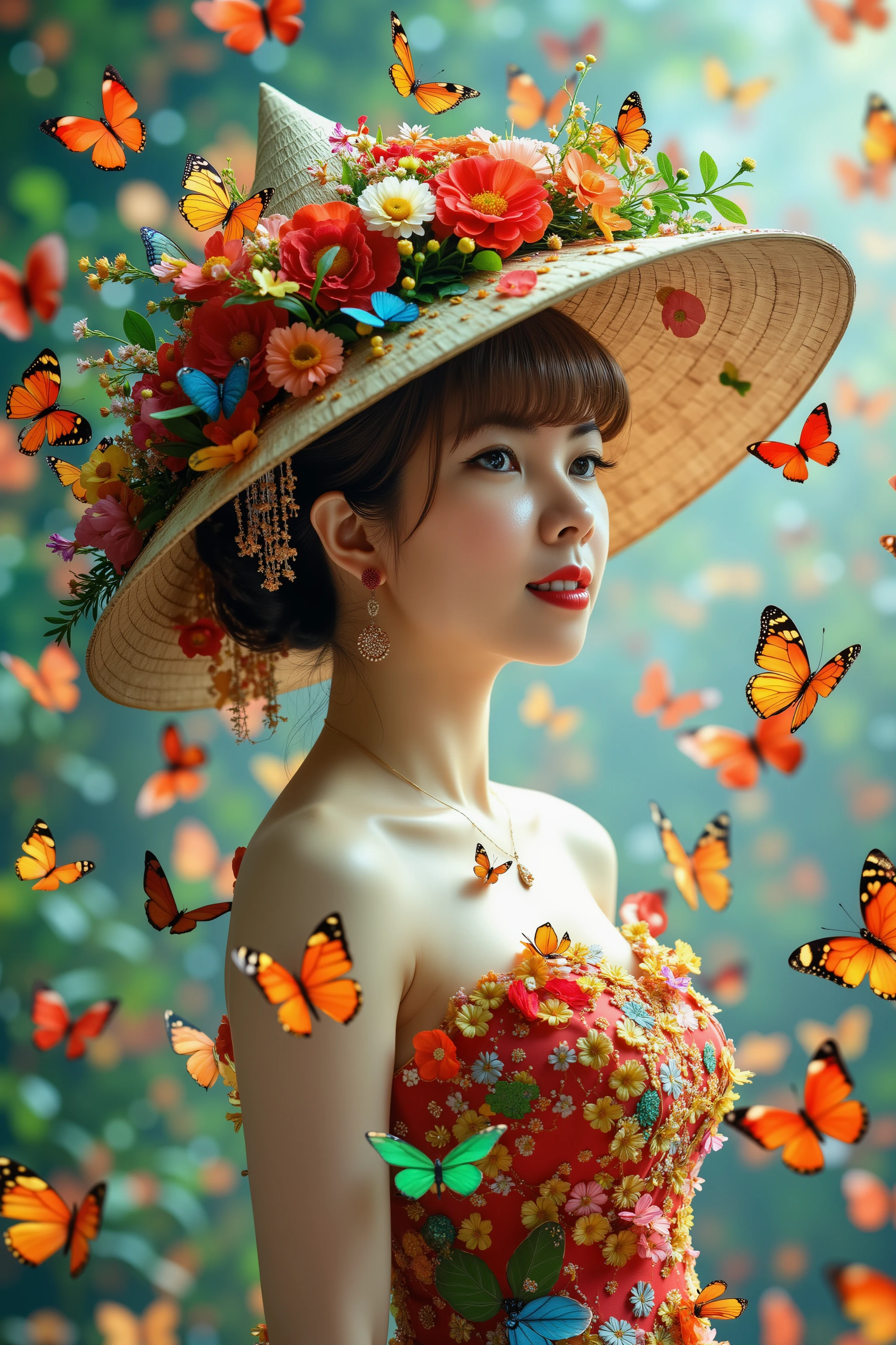 HanoiGirl, Girl Butterfly, A stunningly beautiful woman in traditional Vietnamese attire (ao dai) stands gracefully amidst a swarm of vibrant, colorful butterflies. She wears a large, intricately adorned hat made of flowers and foliage that cascades down her back, blending seamlessly into her dress, which is covered in similar floral decorations. The butterflies, in various shades of orange, red, blue, and green, flutter around her, enhancing the dreamlike, ethereal atmosphere. The overall scene is filled with a sense of natural beauty and elegance, with a soft focus that highlights the delicate details of the flowers and the woman's serene expression."








