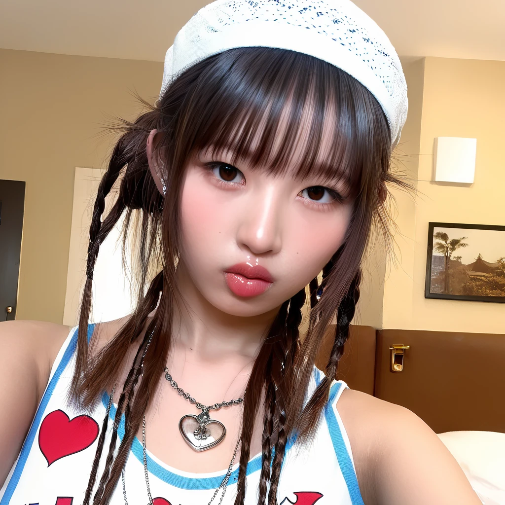 (Masterpiece,Best Quality:1.4),8k,(Movie-like footage,move photo:1.2),Hi-Res,Glossy Skin,Super Detailed Skin,Detailed Beautiful Face, Sharpen contrast and brightness, detail eyes, beautiful eyes, 1girl, solo, long hair, looking at viewer, brown hair, hat, jewelry, bare shoulders, upper body, braid, heart, tongue, blunt bangs, necklace, black eyes, english text, twin braids, lips,, tank top, realistic, selfie, asian, k-pop, kooo123, kooorei  <lora:REI_v1_XL:1>