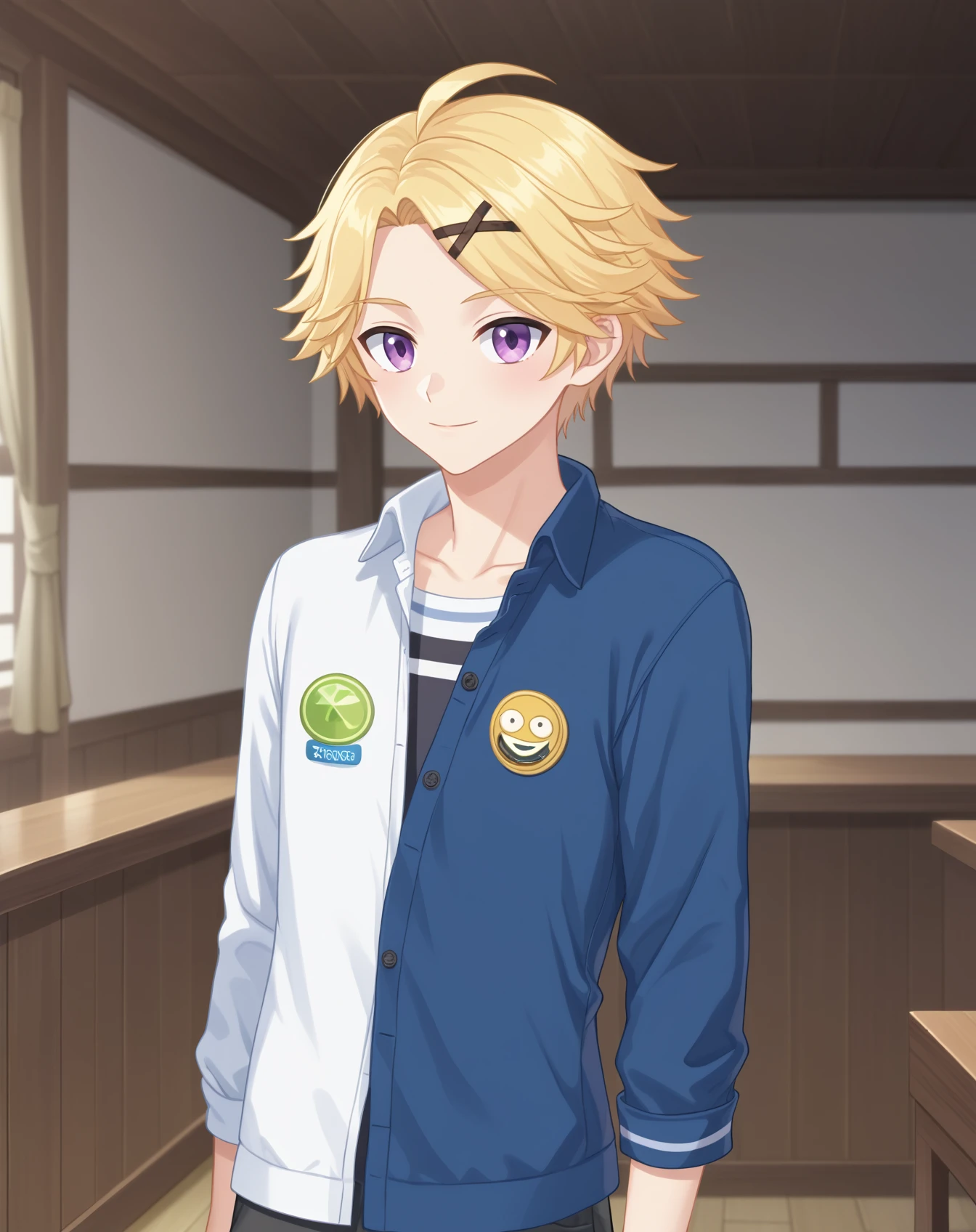 score_9, score_8_up, score_7_up, source_anime, anime screencap, depth of field, rating_safe, BREAK,
1boy, solo, yaoi, male focus,
looking at viewer, cowboy shot, facing viewer,
<lora:yoosung_kim_pony:1> yoosung_kim_pony, blonde hair, purple eyes, short hair,
indoors,