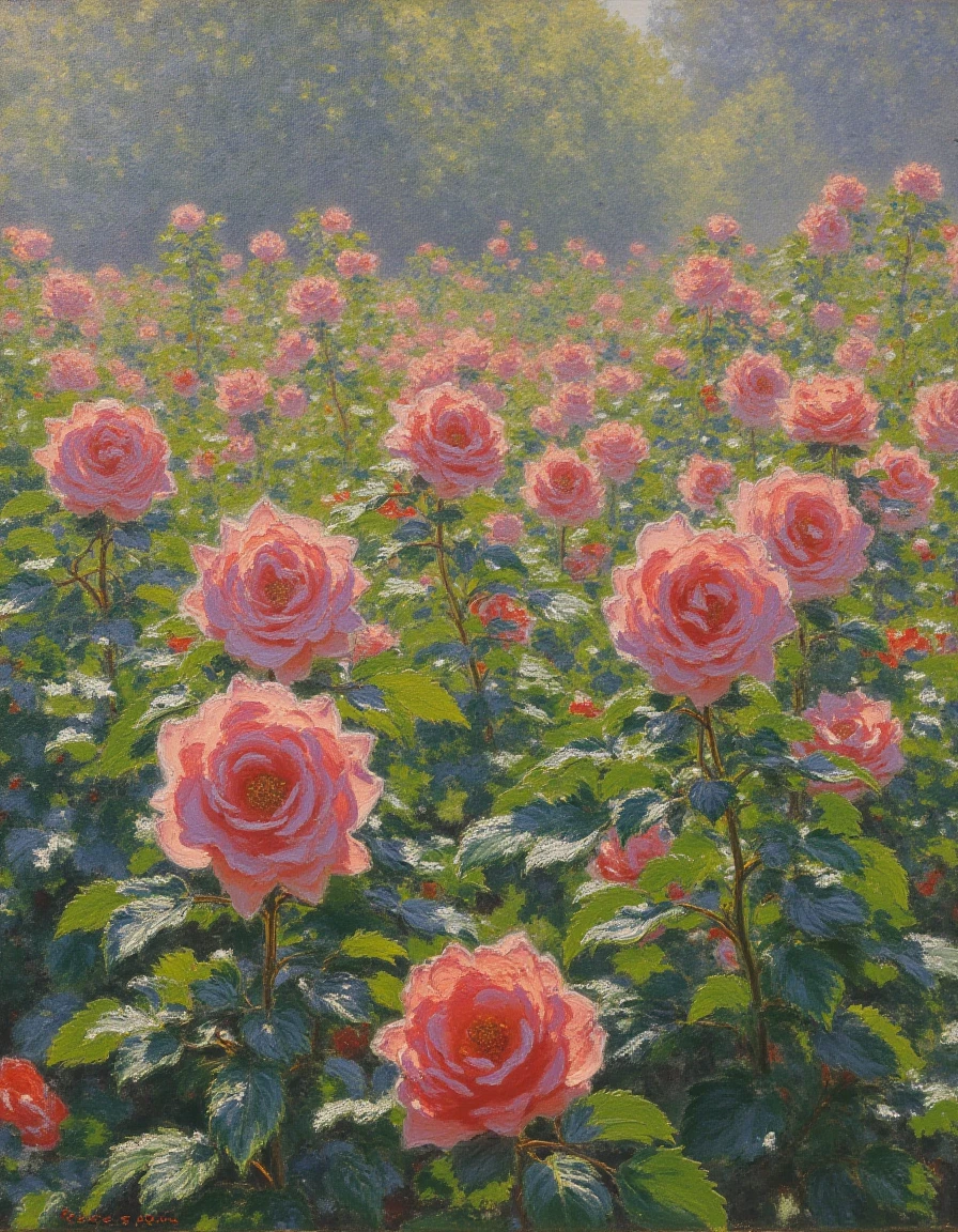 a vibrant rose garden with dew on the petals, under the soft morning light, by Claude Monet