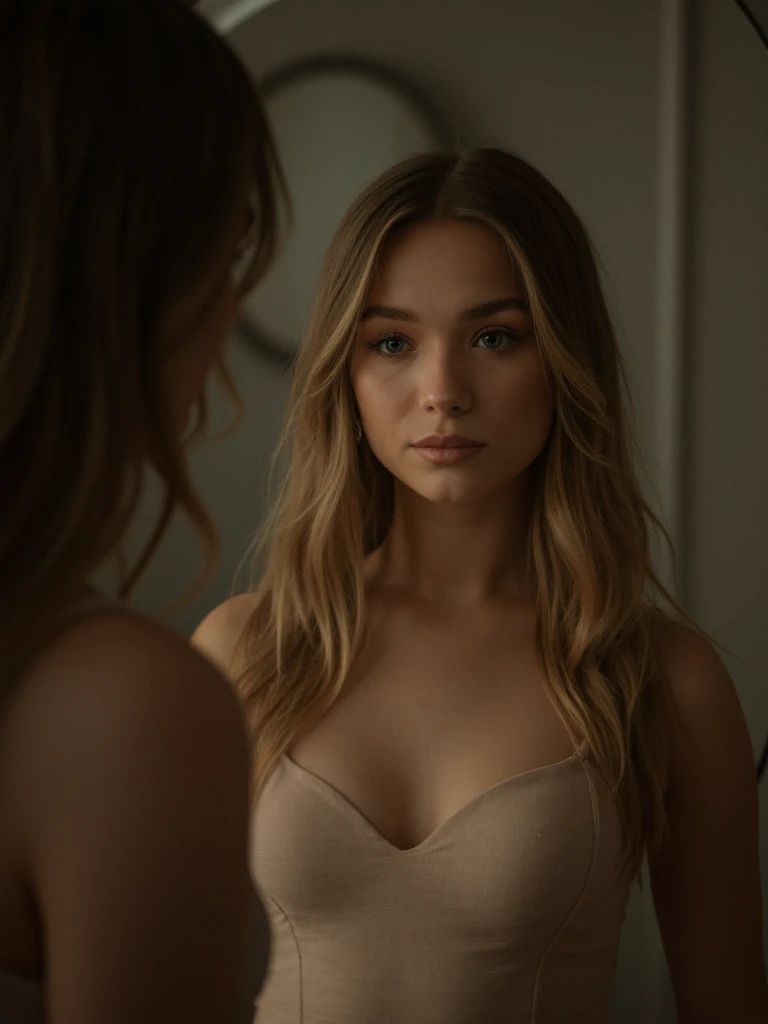 julbea woman, Julia Beautx with long light brown hair, looking at herself in the mirror.