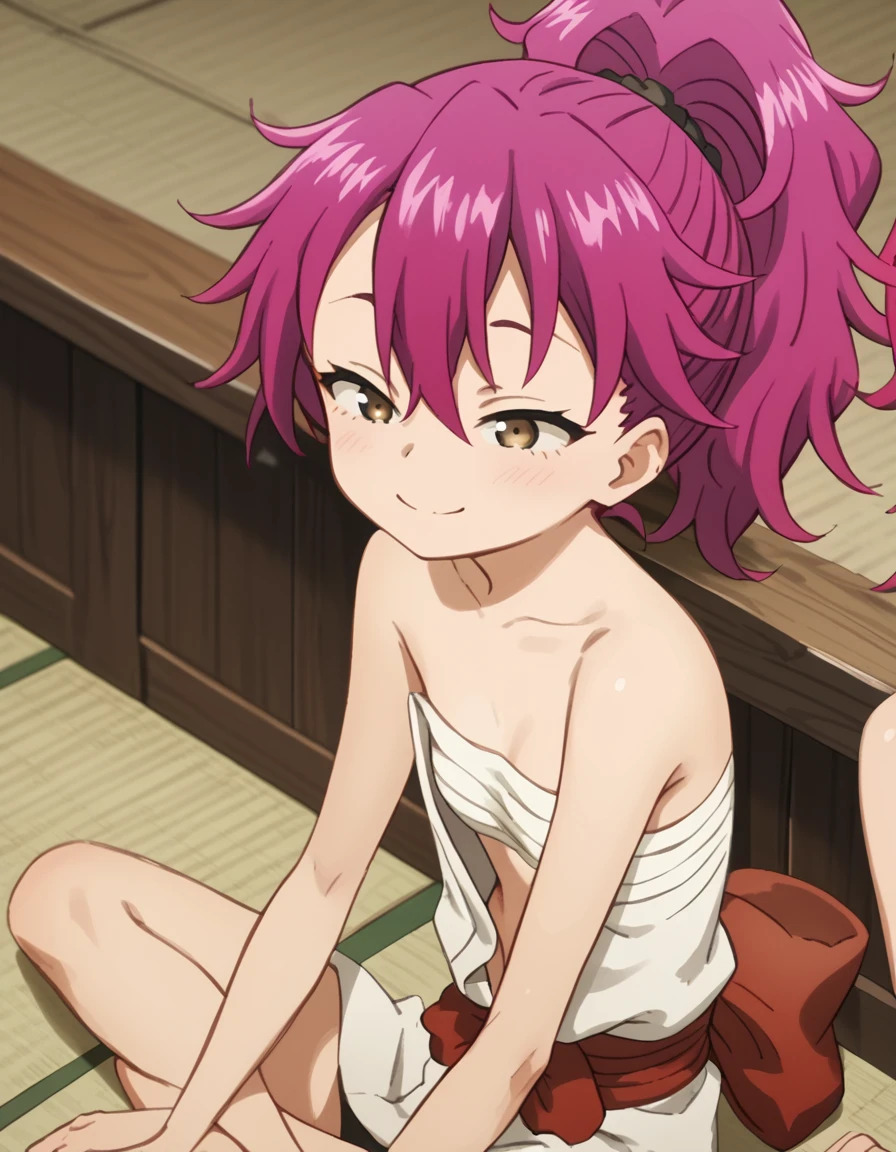 Azami, bare shoulders, brown eyes, ponytail, pink hair, purple hair, small breasts, japanese clothes, sarashi score_9, score_8_up, score_7_up, score_6_up, score_5_up, score_4_up, source_anime ,<lora:HeartofKunoichiTsubaki:1>, Smile, sitting,