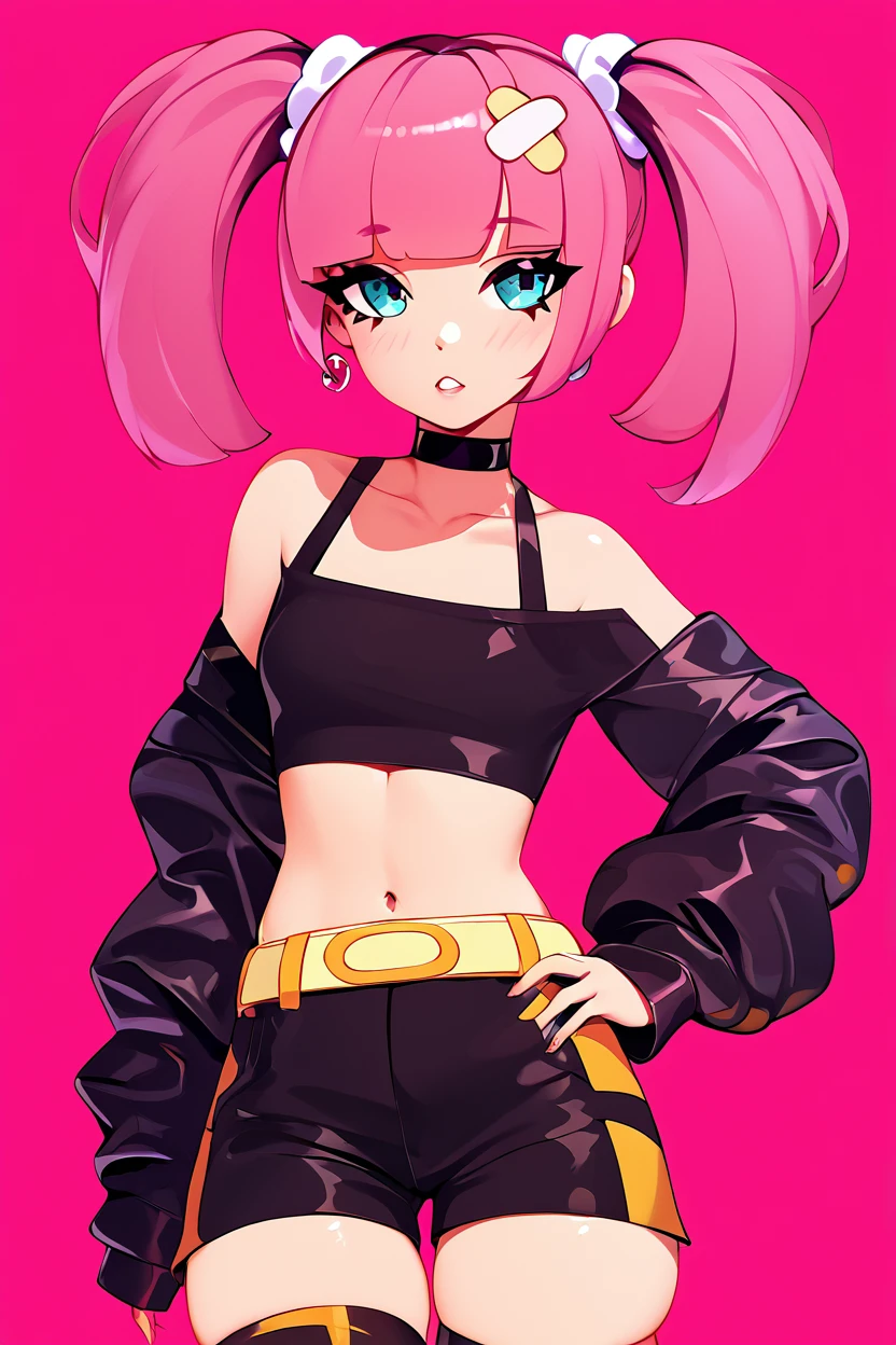 score_9, score_8_up, score_8, medium breasts, (curvy), cute, eyelashes,       BREAK, , zzCoral, pink hair, twintails, blunt bangs, hair ornament, belt, long sleeves, sleeves past fingers, black skirt, black choker, black crop top, bare shoulders, yellow belt, bandaid, midriff, collarbone, <lora:Coral_Pokemon_PDXL:0.8>, , BREAK, solo, thighhighs, navel, jewelry, medium breasts, cowboy shot, earrings, parted lips, shorts, choker, midriff, armor, short shorts, skindentation, black choker, shoulder armor,  abstract background,   hand on hip,   embedding:zPDXL, Expressiveh,  <lora:Halphelt_PDXL-000008:0.8>,  <lora:Uncensored_PonyXL_cpt_v02.09:0.4>,  <lora:Expressive_H-000001:0.4>,