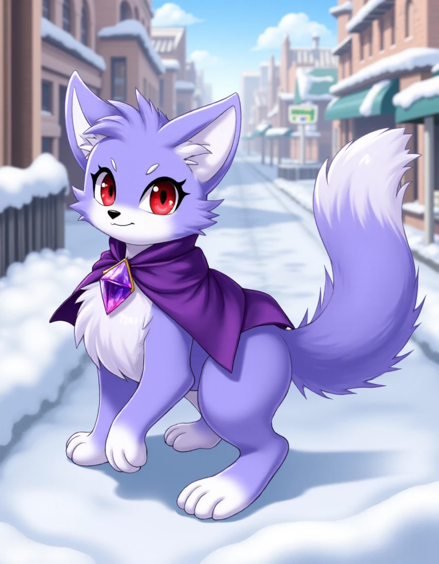 (<lora:Nox_epoch_5:1.3>,nox_(pal), Periwinkle fur,purple chest crystal,capelet, Red eyes,black pupils, dipstick tail, white ears, dipstick ears,white paws, small dark blue nose,),
(feral:1.1),happy,paws,pawpads,
snow covered city,Sign for Lemonade,(photorealism, :1.2),