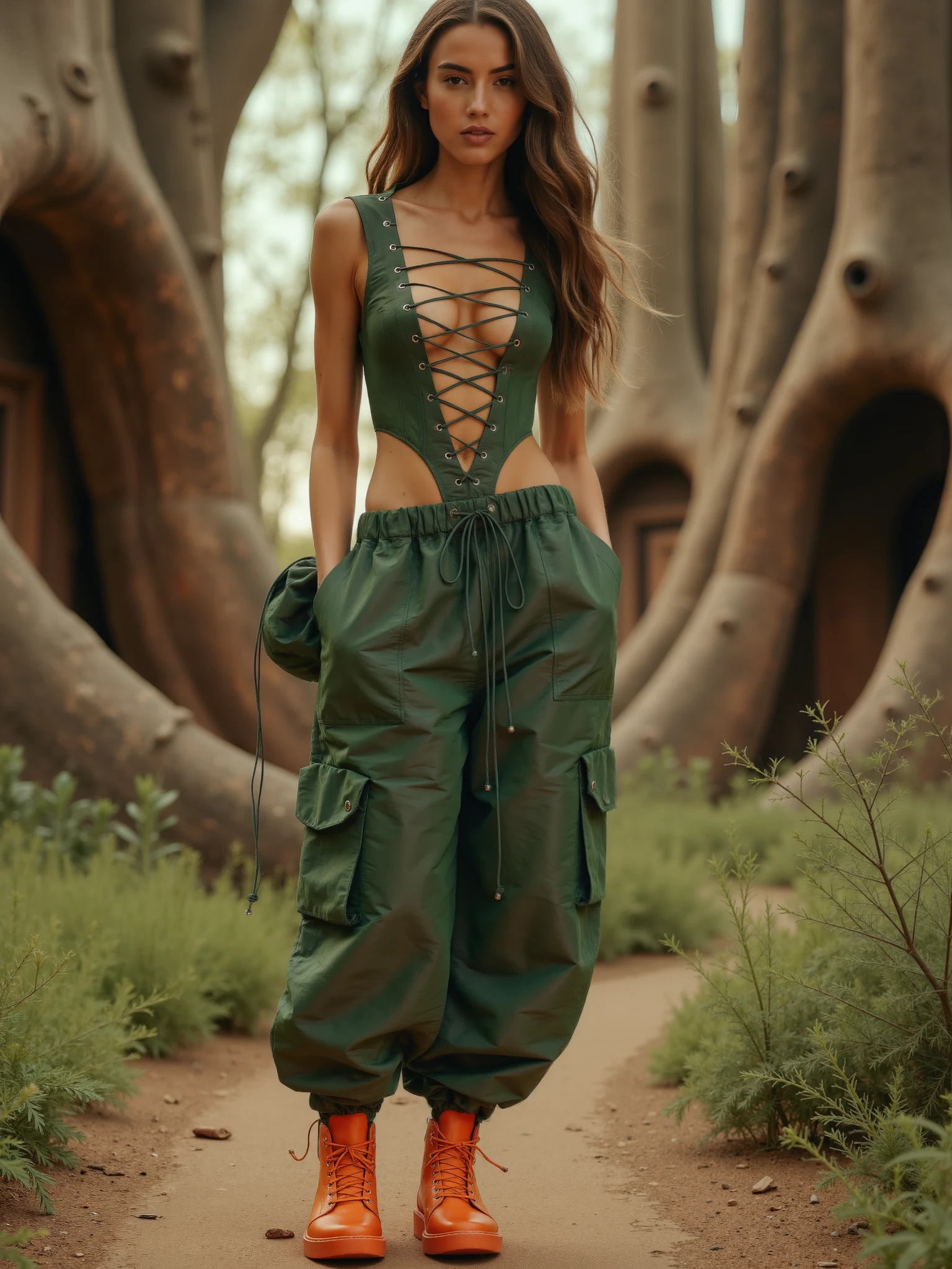 LaQuan,Create a captivating fashion editorial image featuring a model with long, flowing brown hair that cascades down her back, adding a natural, earthy element to her look. The model is dressed in an LaQuan army green ensemble that blends seamlessly with the environment. The outfit features a sleeveless top with a plunging lace-up front, structured with a broad lace-up detail that spans from the neck to the waist, creating a dramatic skin reveal. It is paired with high-waisted cargo pants that are roomy and cinched at the waist with a drawstring, gathering at the ankles to create a stylish balloon effect. She completes the look with bold orange shoes that add a vibrant pop of color.

The model is set within an awe-inspiring, surreal environment where massive tree trunks have been hollowed out and transformed into a majestic living space. The towering trees, with their intricate, twisting wood patterns, rise high above, their interiors illuminated by warm, golden light streaming through the carved windows and doorways. The architecture is seamlessly integrated into the natural wood, creating an enchanting, otherworldly setting.

The army green of the model's outfit harmonizes with the natural surroundings, while her orange shoes stand out vividly against the earthy tones of the tree structures. The overall composition should evoke a sense of harmony between fashion and nature, blending the model’s organic yet bold appearance with the breathtaking, fantastical environment to create a visually stunning and immersive editorial shot.