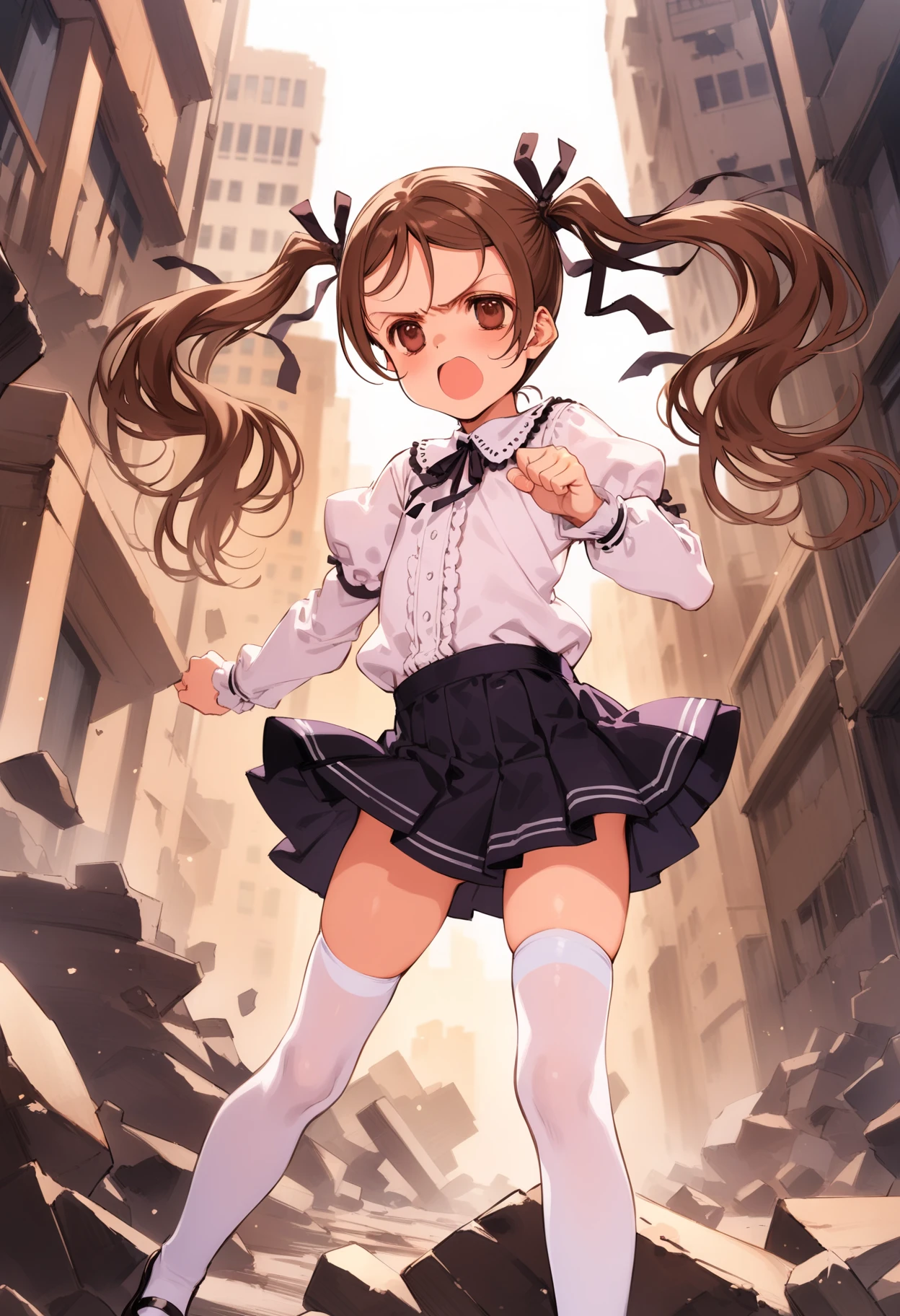 masterpiece,best quality,very aesthetic,absurdres,intricate details,1girl,
<lora:sayu_v1:1>,sayu,twintails,hair ribbon,brown eyes,brown hair,
<lora:Fixhands_anime_bdsqlsz_V1:1>,blouse,frilled_collar,pleated_skirt,mary_janes,white thighhighs,zettai ryouiki,fighting_stance,city,rubble_ruins,Skyscraper,serious,shouting,, masterpiece,best quality, very aesthetic, absurdres, ultra detailed, high resolution, 4k, extremely detailed CG,