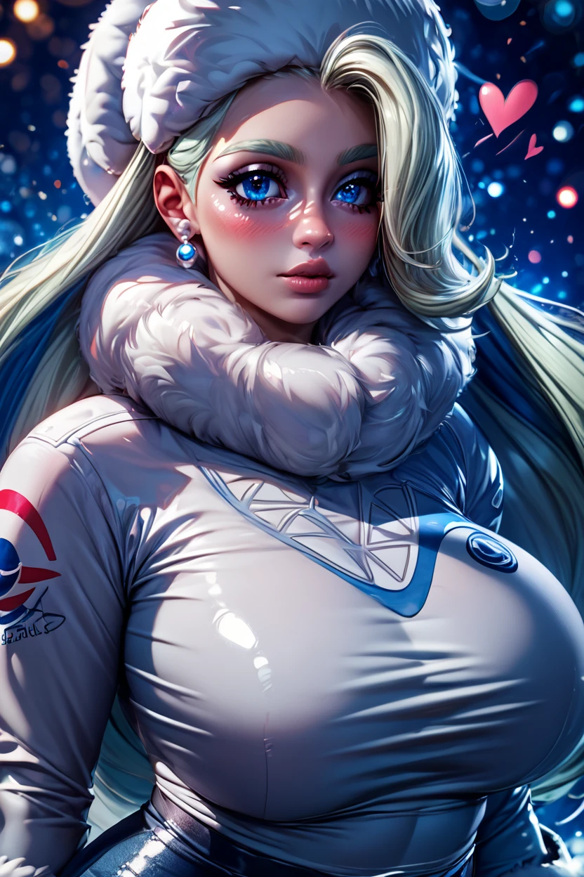 score_9, score_8_up, score_8, medium breasts, (curvy), cute, eyelashes,       BREAK, , zzMelony, blue eyes, white hair, long hair, huge breasts,  fur hat, white scarf, white sweater, white shorts, leggings, white boots,  <lora:Melony_Pokemon_PDXL_Citron:0.8>, , BREAK,  (ultra realistic,32k, masterpiece:1.2),(high detailed skin:1.1),( high quality:1.1), curvy, head tilt, hearts, blush, lips, curvy, head tilt, shiny clothes, (upper body), looking at viewer, bokeh, luminescent background,  embedding:zPDXL, Expressiveh,  <lora:RlAnmPDXL:1.0>,