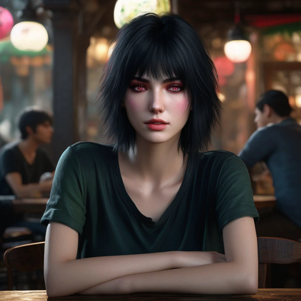 ultra hyper detailed full body of Lady from Devil May Cry 5 video game with black hair, sitting on a table on a cafe looking at the viewer, wearing a blue jeans, a black t-shirt with a pink bunny on the chest, ultra hyper detailed face features showing one green eye and one red eye, Heterochromia condition, Lady character from video game, fullbody wide shot, cinematic volumetric lighting, ultra hyper realistic image shot with Sony Fx6