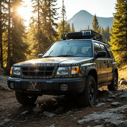 A low-angle, three-quarter view shot captures a 2000 Subaru Forester conquering rugged terrain at golden hour. The vehicle's body is wrapped in a digital woodland camouflage pattern, perfectly blending with the surrounding pine forest. Sunlight filters through the trees, casting dappled shadows across the Forester's hood and highlighting its boxy yet capable silhouette. The car is mid-climb over a rocky outcrop, with its front right wheel lifted dramatically, showcasing the upgraded off-road suspension. Mud splatters adorn the lower panels, telling tales of recent adventures. A roof rack holds extra gear, including a spare tire and jerry cans. The forest backdrop is a lush tapestry of greens and golds, with a mountain peak visible in the distance. This image conveys a sense of outdoor adventure and the Forester's surprising off-road prowess.