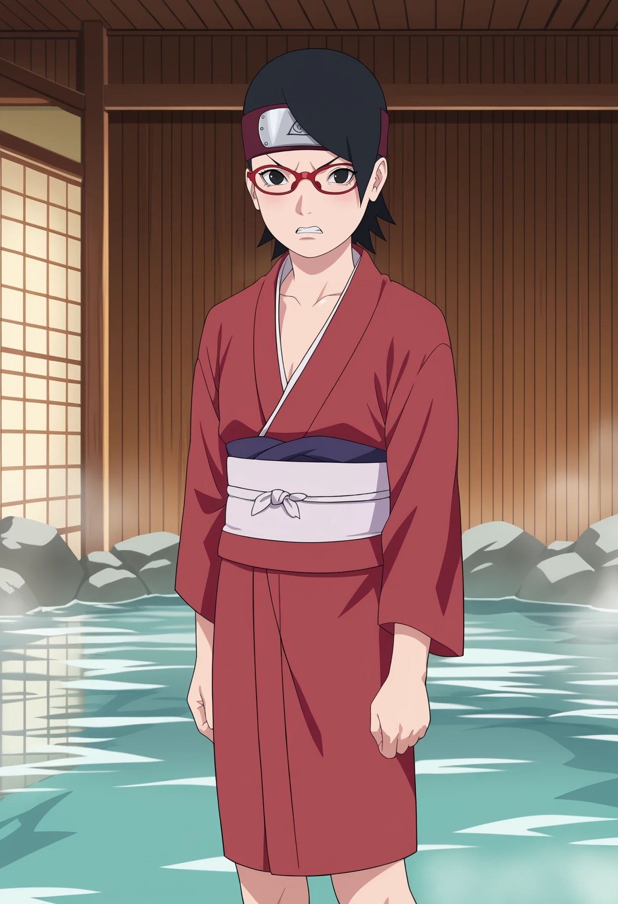 score_9, score_8_up, score_7_up, source_anime,anime screencap,anime coloring,intricate details,
uncensored,
sarada,1girl, black hair, glasses, red-framed eyewear, short hair, black eyes,
small breasts, angry,   kimono, 
standing, solo,
boruto: naruto next generations, 
perfect anatomy,
scenery,indoors, contrast,onsen, 
 <lora:Sarada 39 mid:1>