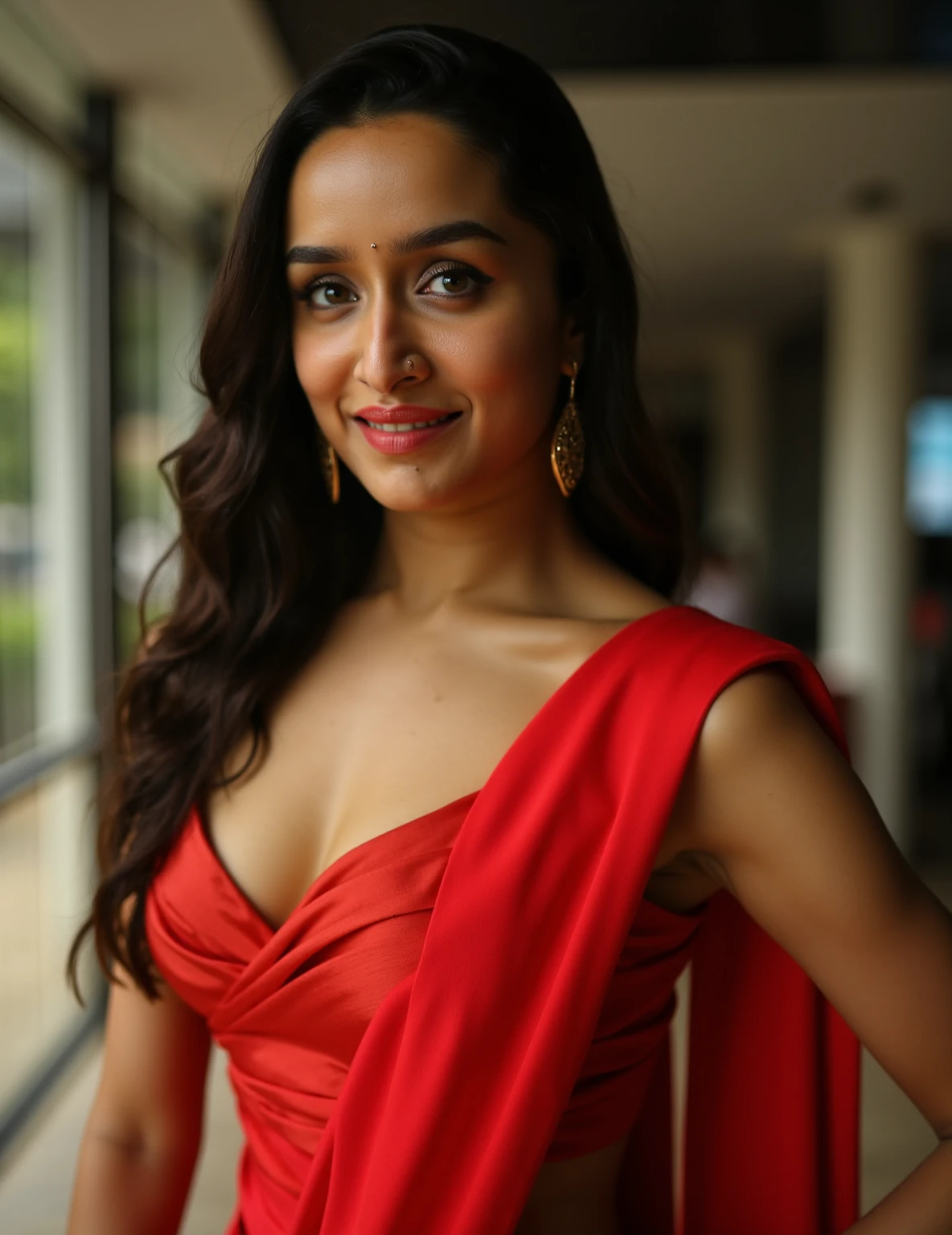 closeup of a woman shraddha poses confidently in a striking saree with sleeveless blouse, the deep neckline of her blouse accentuating her clevage. Her gaze locks onto the camera with seductive intensity, as if daring onlookers to look away. The background is expertly blurred, drawing attention solely to her radiant presence. Shot in breathtaking UHD/4K resolution, realistic.