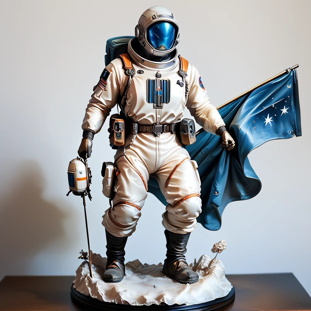 Score_9, score_8_up, score_7_up, score_6_up, <lora:VinylStatuePony:1>  ArsFigurine, Vinyl statue, Astronaut holding a flag