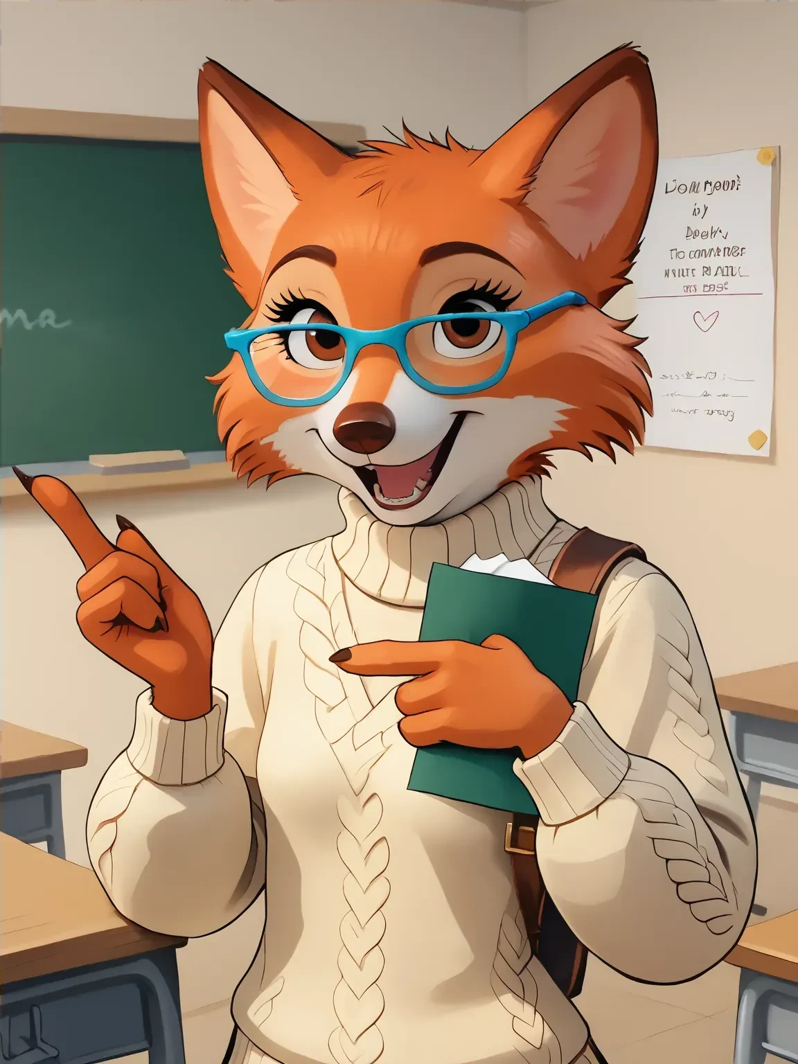 score_9, score_8_up, score_7_up, on model, semi-realistic, marianc, 1girl, solo, female, orange fur, brown eyes, brown nose, fluffy, upper body, glasses, classroom, chalkboard, teacher, teaching, cream sweater, open smile, talking, looking at viewer, intelligent, excited, mature, happy, educational,
BREAK, holding paper, pointing, raised eyebrows, ears to side, messy hair, messy fur,  small breasts, flat chest, from front,
<lora:Marian6:0.8>