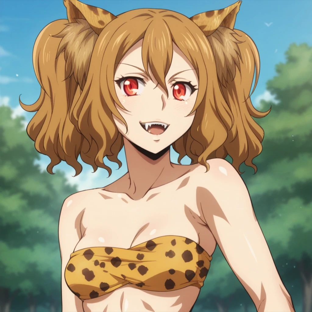 score_9up, score_8_up, score_7_up, (best quality), absurdres, 1girl, solo, Eruza, (Eruza Nakanishi), smile, fangs, average breasts, brown hair, short hair, red eyes, pigtails, cheetah ears, nature, upper_body, bandeau