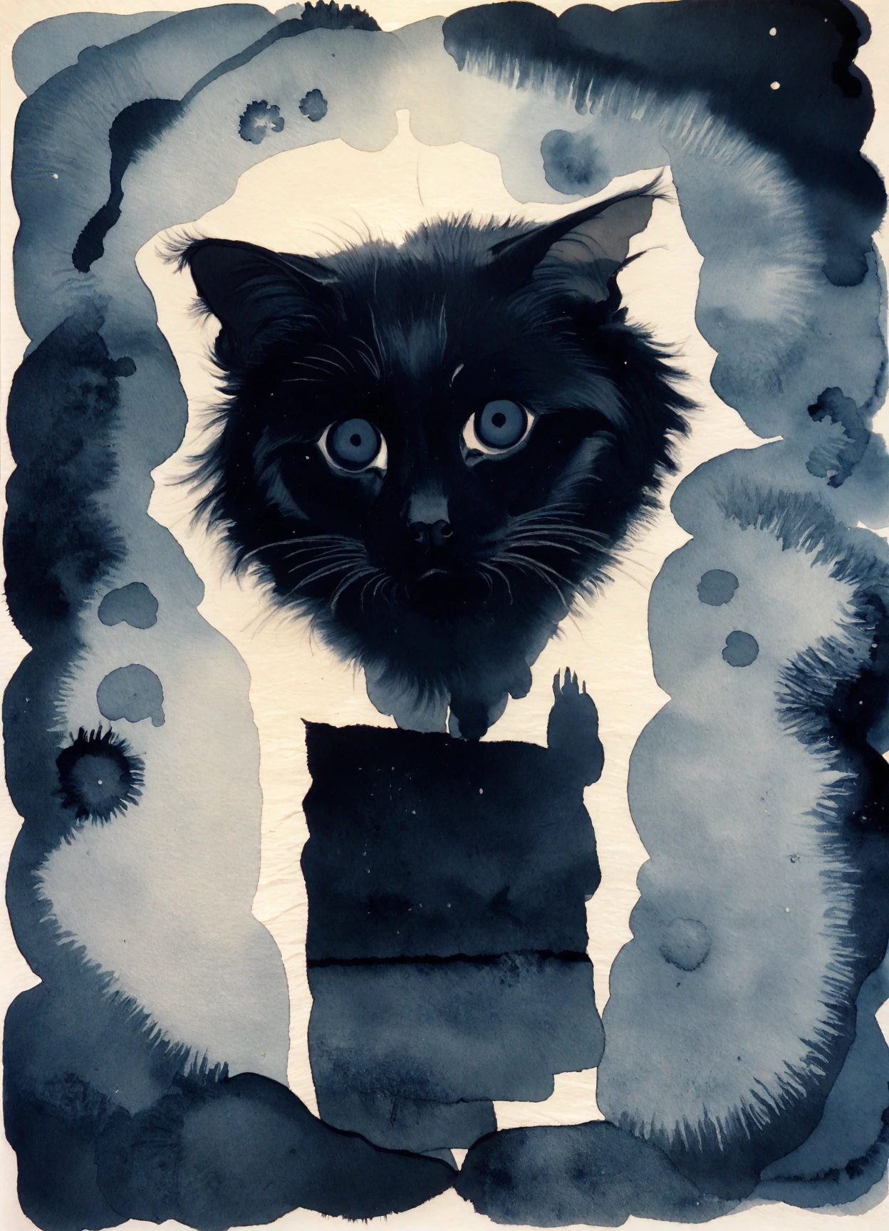 <lora:georgia-o-keeffe_pony_v1:1> ' serene beauty ' by o'keeffe georgia in 1900, figurative \(genre\)   precisionism \(style\) abstract expressionism \(style\)  watercolor \(medium\)  a black cat, score_9, score_6_up, score_7_up