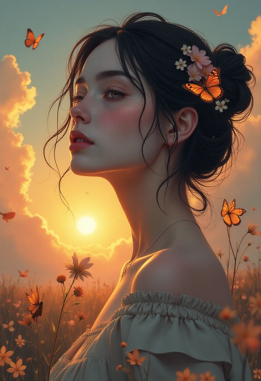 ((absurdres posterart)) realistic graceful 20-year-old 1girl,A dress of flowers and butterflys, Perfect clouds in the sunset, motif buttereflies flying firefly, sounds of morning melody, Motif sunset shades, motif sunset tones, Rossdraws, Atey Ghailan, Benedick Bana, and carne griffiths, Fields of flowers,
detailed face focus, rays tracing, piercing light, , long face :1