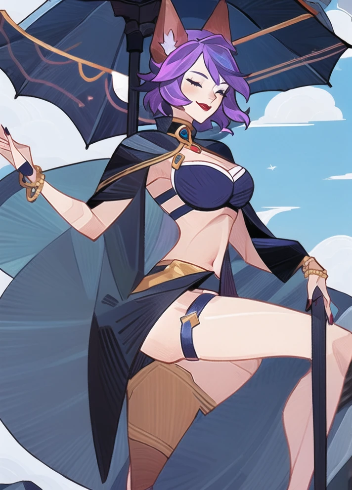 parametersbest quality,highly detailed,4k,masterpiece,ultra-detailed,jyyj,
solo,1girl,breasts,looking at viewer,smile,short hair,bangs,blue eyes,large breasts,navel,holding,animal ears,cleavage,jewelry,medium breasts,tail,purple hair,ahoge,one eye closed,artist name,nail polish,bracelet,lips,fox ears,clothing cutout,thigh strap,fox tail,umbrella,facial mark,cleavage cutout,whisker markings,ahri \(league of legends\),
<lora:jyyj-000020:0.9>,