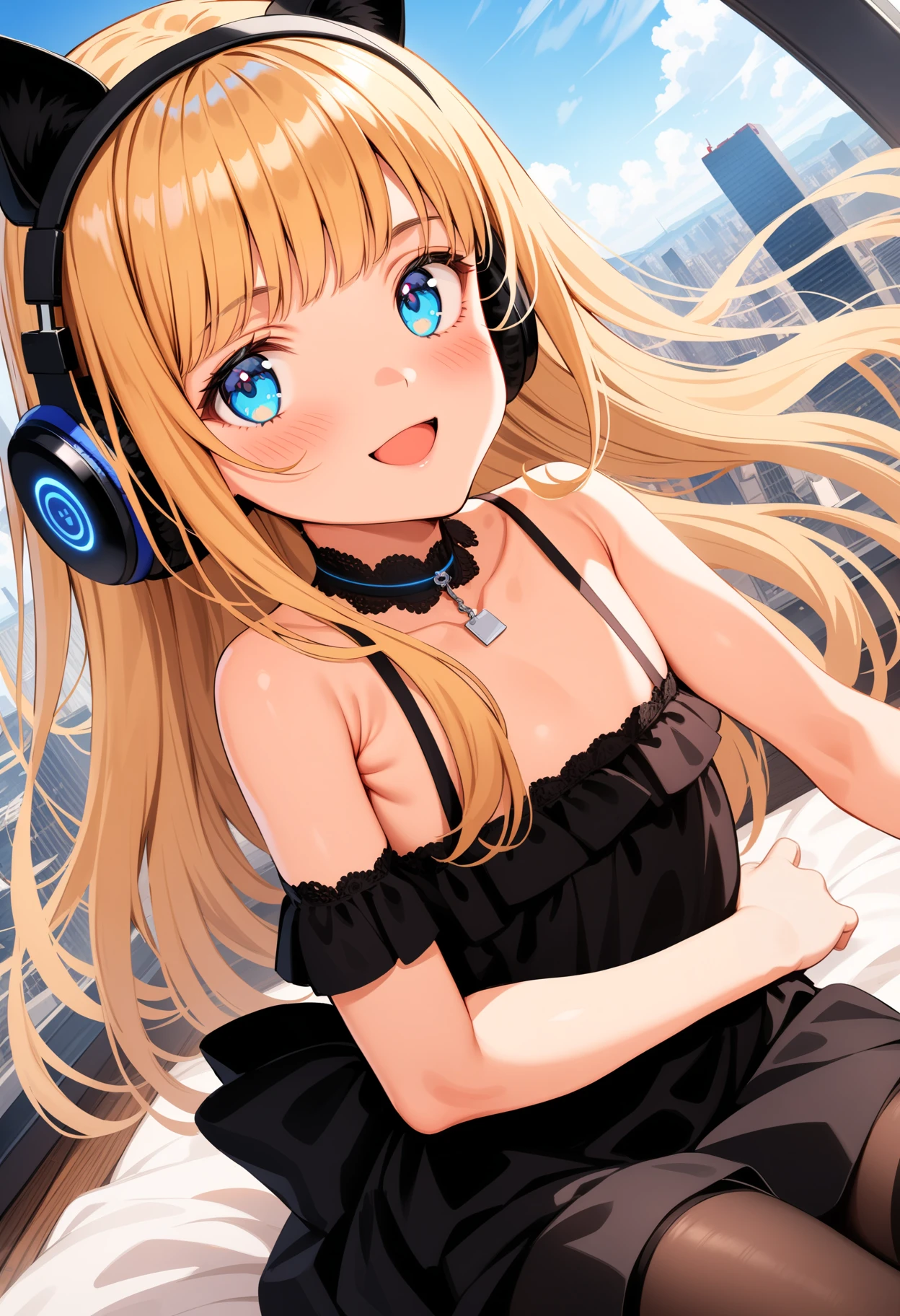 masterpiece,best quality,very aesthetic,absurdres,intricate details,1girl,
<lora:ema_v1:1>,ema,blue eyes,blonde hair,long hair,black thighhighs,looking at viewer,parted lips,bare shoulders,
city,Skyscraper,<lora:Fixhands_anime_bdsqlsz_V1:1>,blush,smile,open mouth,dress,animal ears,:d,choker,cat ears,headphones,, masterpiece,best quality, very aesthetic, absurdres, ultra detailed, high resolution, 4k, extremely detailed CG,