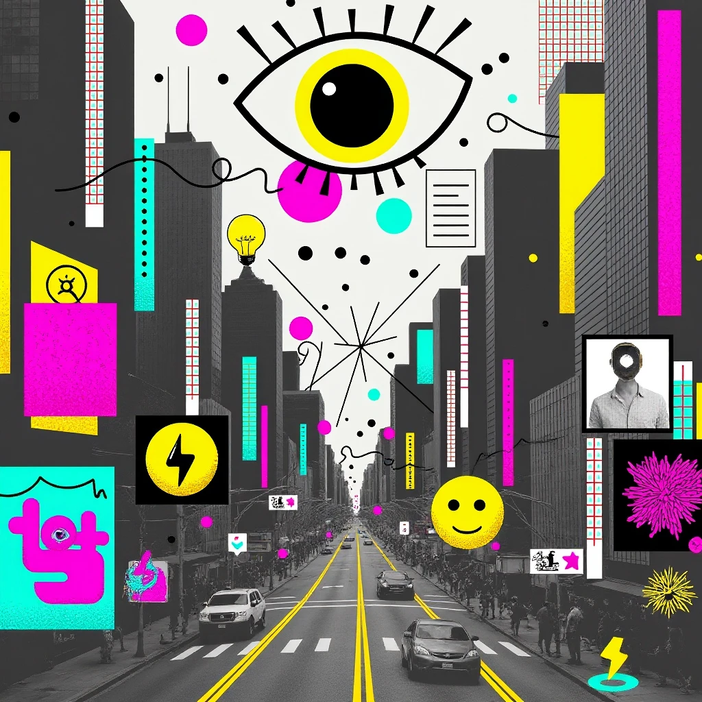 A futuristic cityscape, contemporary collage art style, with towering skyscrapers made of newspaper clippings, neon signs blending with graffiti art, and a giant mechanical eye observing from the sky.