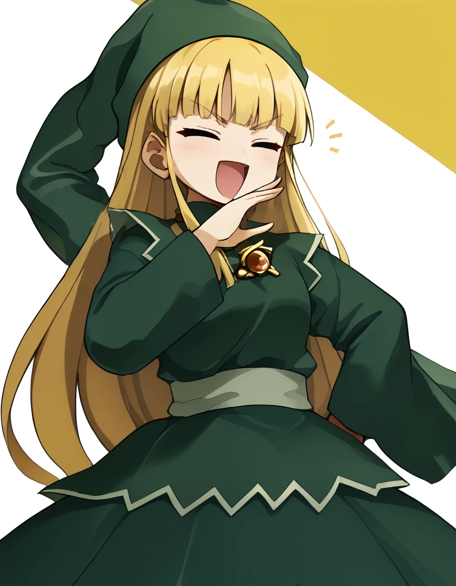 <lora:witchP4_SDXL_pony_fp16_ver10_168:1>,witchP4,1girl,blonde hair, long hair, closed eyes,green dress,green headwear,long sleeves,long skirt,brooch,blunt bangs,light green sash ,v-shaped eyebrows, open mouth, <lora:ojou-sama_pose _pony:1>,ojou-sama_pose,cowboy shot, looking at viewer, ((shout lines)),hand on own hip,, score_9, score_8_up, score_7_up, BREAK source_anime, rating_explicit, best quality, masterpiece, uncensored,<lora:pony_good_hands:1>,good_hands ,[pony diffusion V6 is trained by PurpleSmartAI:100]