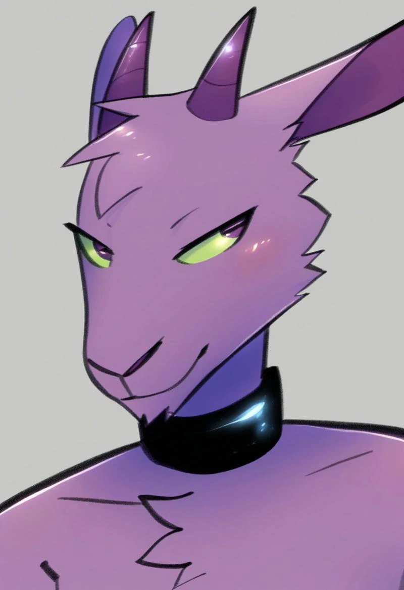 score_9, score_8_up, score_7_up, BREAK, yagi, anthro, horns, long ears, purple eyes, green sclera, purple body, purple horns, purple fur, BREAK, solo, black choker, bust,