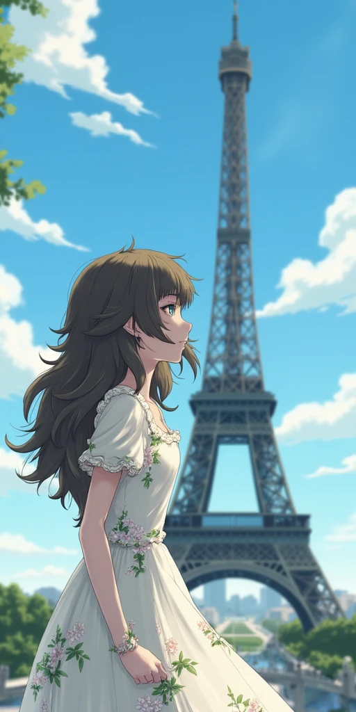 Against the backdrop of the Eiffel Tower, maho hiyajou wearing a delicate white floral dress stands there, with the iconic building of the tower clearly visible under the azure sky, capturing the romantic charm of Paris. When she takes photos against this stunning background, her flowing hair adds a dreamy atmosphere, and the artistic style blends reality and illustration elements.