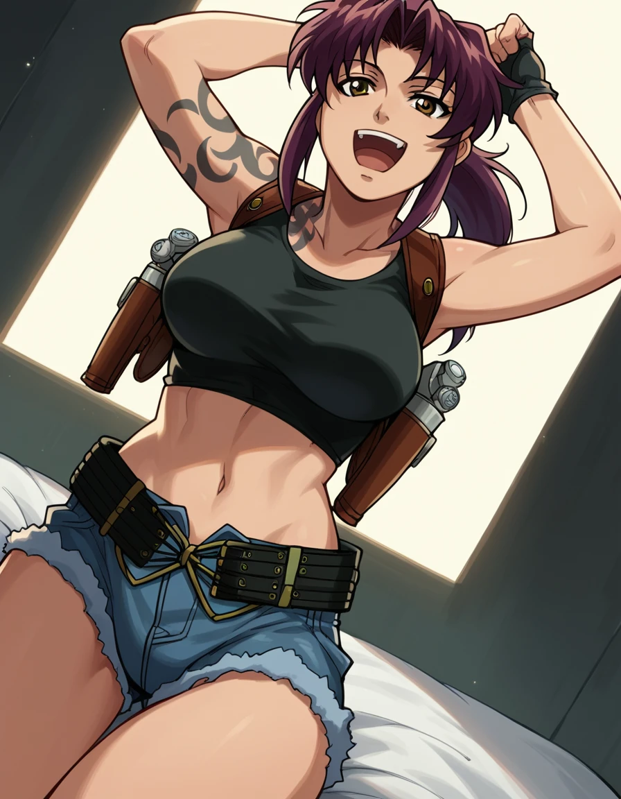 masterpiece, best quality, anime 1990s \(style\, leona heidern, no bra, fully open vest, thong ,jungle, pony tail, wet, serious, gloves, , sleeveless, belt, touching hair.