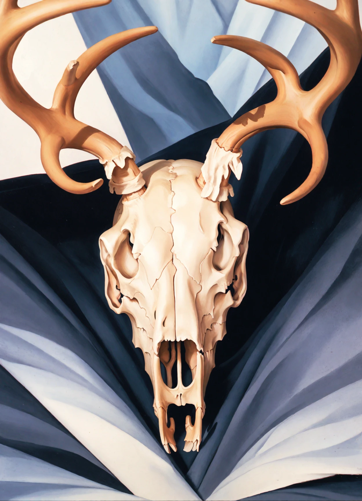 <lora:georgia-o-keeffe_pony_v1:1> ' serene beauty ' by o'keeffe georgia in 1900, figurative \(genre\)   precisionism \(style\) abstract expressionism \(style\)  deer skull, score_9, score_6_up, score_7_up