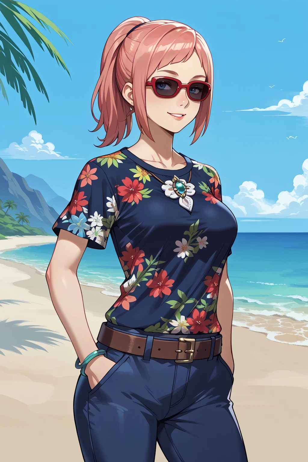 score_9, score_8_up, score_7_up BREAK  1girl,solo,smile,large breasts,beach
wearing edgCasual_fashion, solo,  shirt, jewelry, short sleeves,cowboy shot, shorts, belt, pants, bracelet, floral print, sunglasses,  hands in pockets, print shirt 
 <lora:edgMensFashionPony:1>
 <lora:felicia-fe-richy-v2_pdxl:1> blue eyes, pink hair, ponytail, flcdf, blue brooch