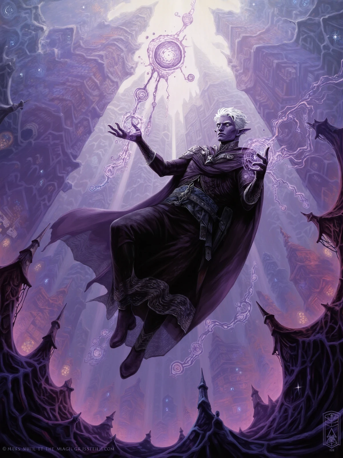 "An ultra-detailed, awe-inspiring digital illustration of Essek, a male drow, floating majestically in the foreground against the backdrop of the nightmarish city of Cognouza in the Astral Sea.
Essek's appearance and pose:

Levitating gracefully above the ground, his body slightly arched backwards
Deep amethyst purple skin with subtle lighter veins
Cascade of snow-white curls floating ethereally around his head
Wearing an opulent black robe with intricate silver embroidery, fabric rippling as if underwater
A long cloak billowing dramatically behind him, defying gravity
Arms outstretched, hands weaving intricate patterns in the air
Fingers trailing streams of deep purple magical energy, forming complex arcane sigils
Eyes glowing intensely with the same purple hue, fixed on a point beyond the viewer
Expression of deep concentration and power

Spell effect:

A swirling vortex of purple and silver energy emanating from his hands
The spell appears to be warping the fabric of reality around Essek
Fragments of the city in the background seem to bend towards the spell's influence

Cognouza in the background:

A vast, living city floating in the starry void of the Astral Sea
Towering spires of stone and flesh bending unnaturally
Streets pulsing with vein-like glow
Buildings blending Aeorian architecture with disturbing biological elements
The Astral Sea sky filled with glittering stars and fragments of smaller landmasses

Atmosphere and details:

Essek's magic visibly interacts with the city's aura, creating a tension between order and chaos
Ghostly, barely visible figures in Aeorian dress in the distant city streets
Color palette emphasizes deep purples, sickly greens, and pulsing reds, with Essek's magic providing a contrasting, cooler light
Arcane energy crackling across the scene, connecting Essek to the city

Render the entire scene with extraordinary detail and precision, creating a masterpiece-quality illustration perfect for a Magic: The Gathering card. The focus should be on Essek's powerful, floating form, with Cognouza providing an ominous, living backdrop that enhances the overall sense of arcane might and cosmic horror.
