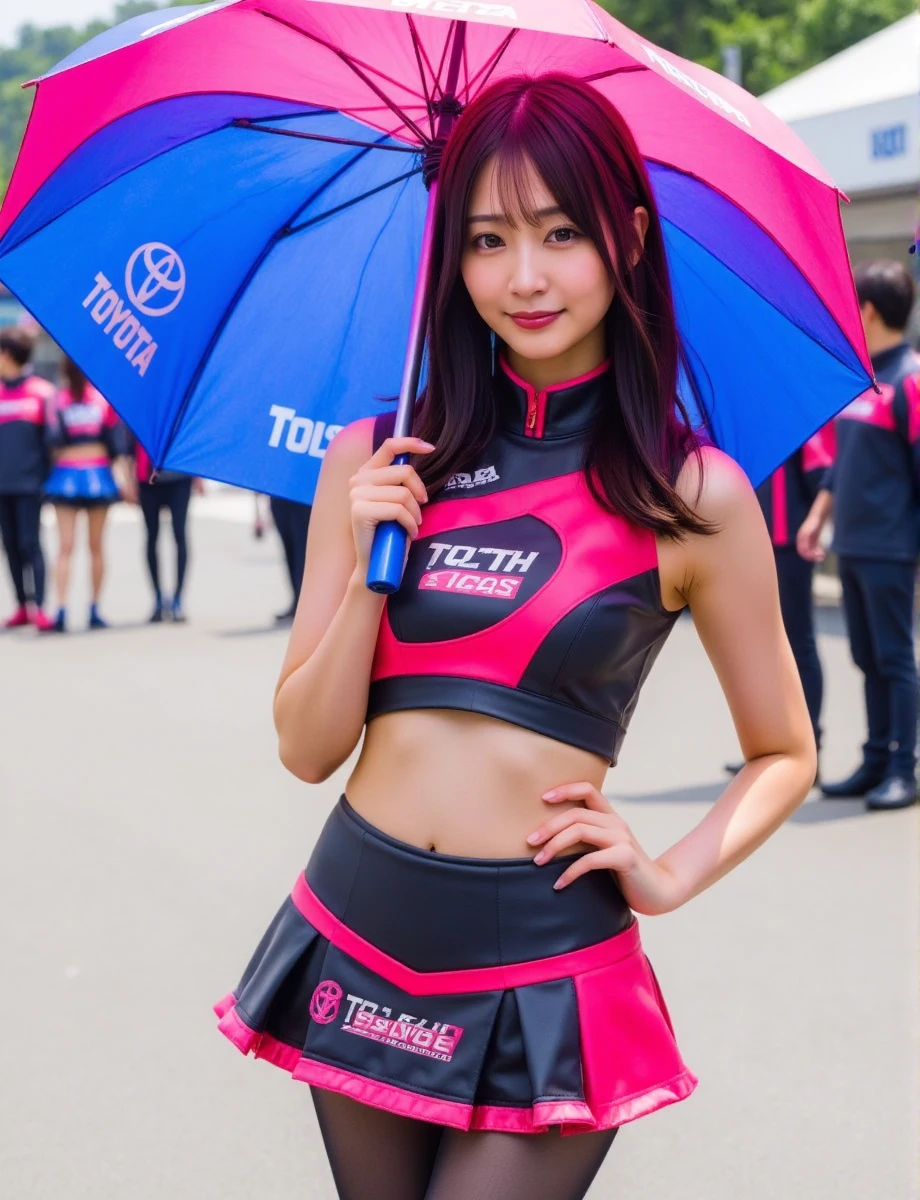 holding a large pink and blue umbrella.  She has long dark hair and is posing with one hand on her hip and the other holding the umbrella with the other. there are several race cars and spectators.,(clothing has spawner logo "toyota" and"GAT1":1.5),race queen,sleeveless,beautiful japanese girl,dynamic angle,<lora:Flux_race_queens:1.2>,<lora:anzu-flux-lora:0.6>,20 years old,pantyhose,smile,natural,, detailed skin texture, (blush:0.5), (goosebumps:0.5), subsurface scattering